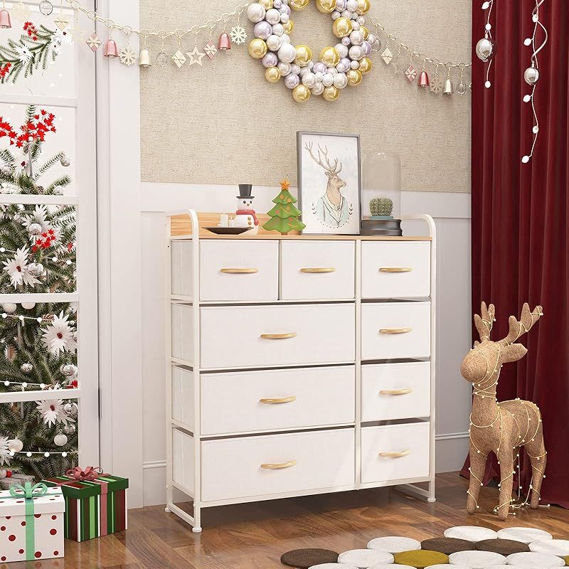 LYNCOHOME チェスト タンス 布製 ベージュ 収納 引き出し 簡単組立 衣類収納 大容量4段9杯 幅87.5×奥行29×高さ99.5cm 1