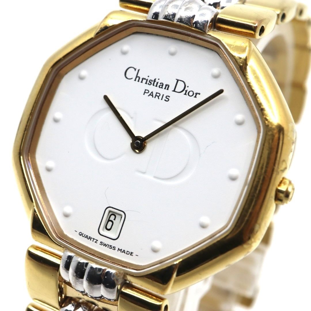 電池交換済 クリスチャンディオール 腕時計 45.134 レディース クオーツ デイト オクタゴン 八角形 ゴールド ホワイト文字盤 コンビブレス ヴィンテージ クラシック エレガント SWISS MADE クリーニング済 G2