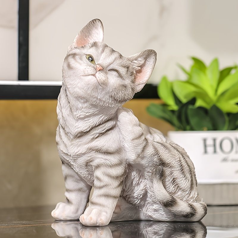 猫 フィギュア 白 グレー リアル 置物 かわいい 19cm 樹脂像 おすわり