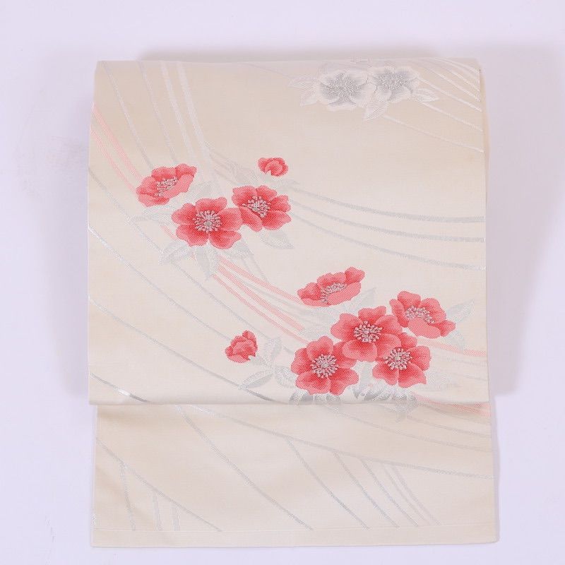 名古屋帯 ゼンマイ紬 藍 オフホワイト 茶 菱 サガラ刺繍 T550 麻