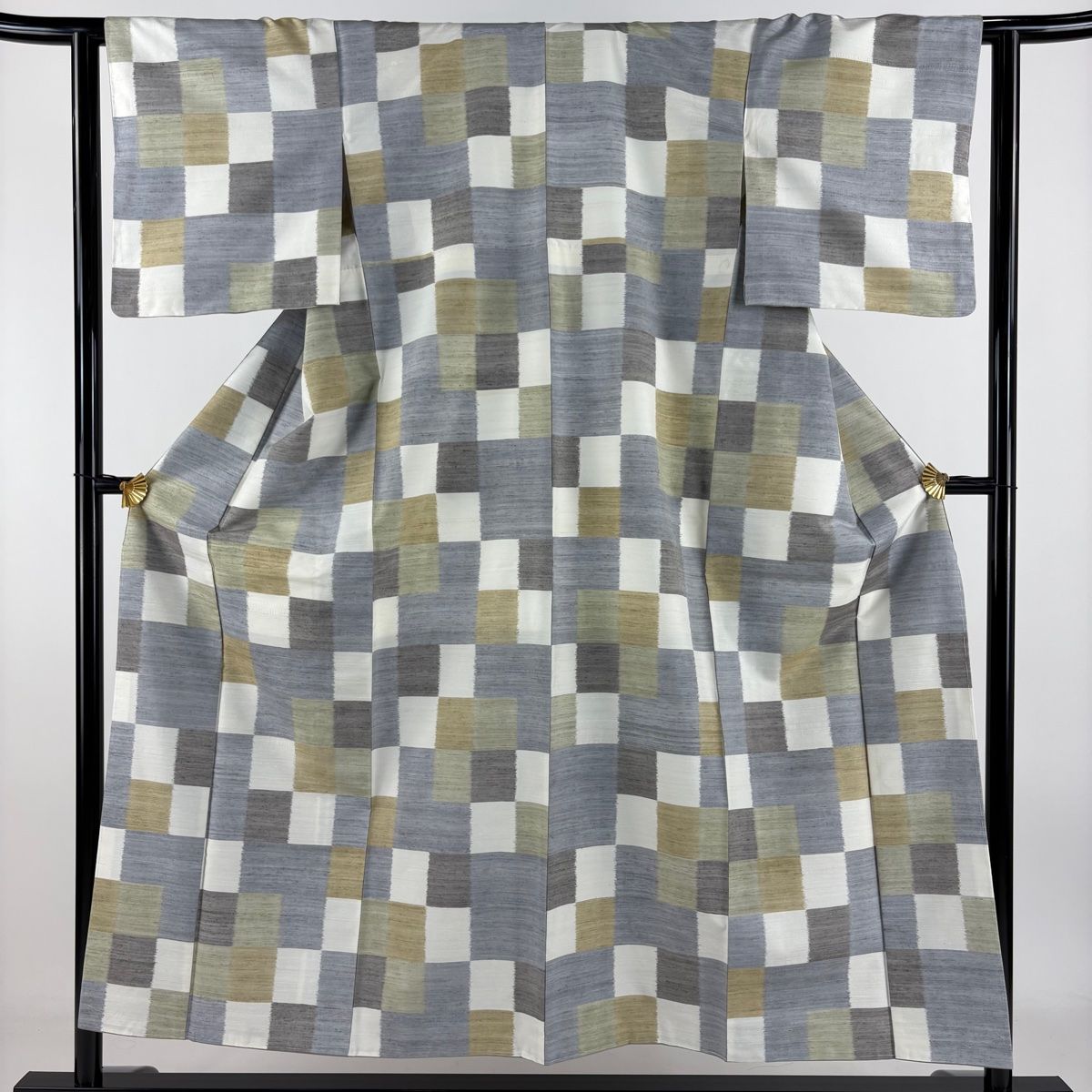 紬 身丈152.5cm 裄丈62cm S 袷 変わり市松 灰色 正絹 秀品