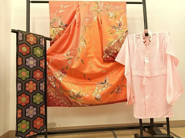 平和屋着物[]七五三 女の子 7歳 祝着 四つ身 袋帯セット 駒刺繍 花蝶