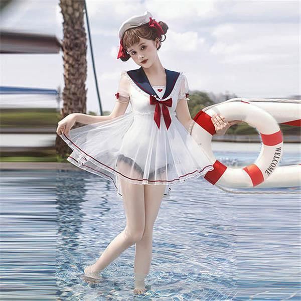 ワンピース水着 レディース マリン風 セーラー服 かわいい フリル 透明感あり リボン 水着 学生水着 撮影 df585c0c0w9