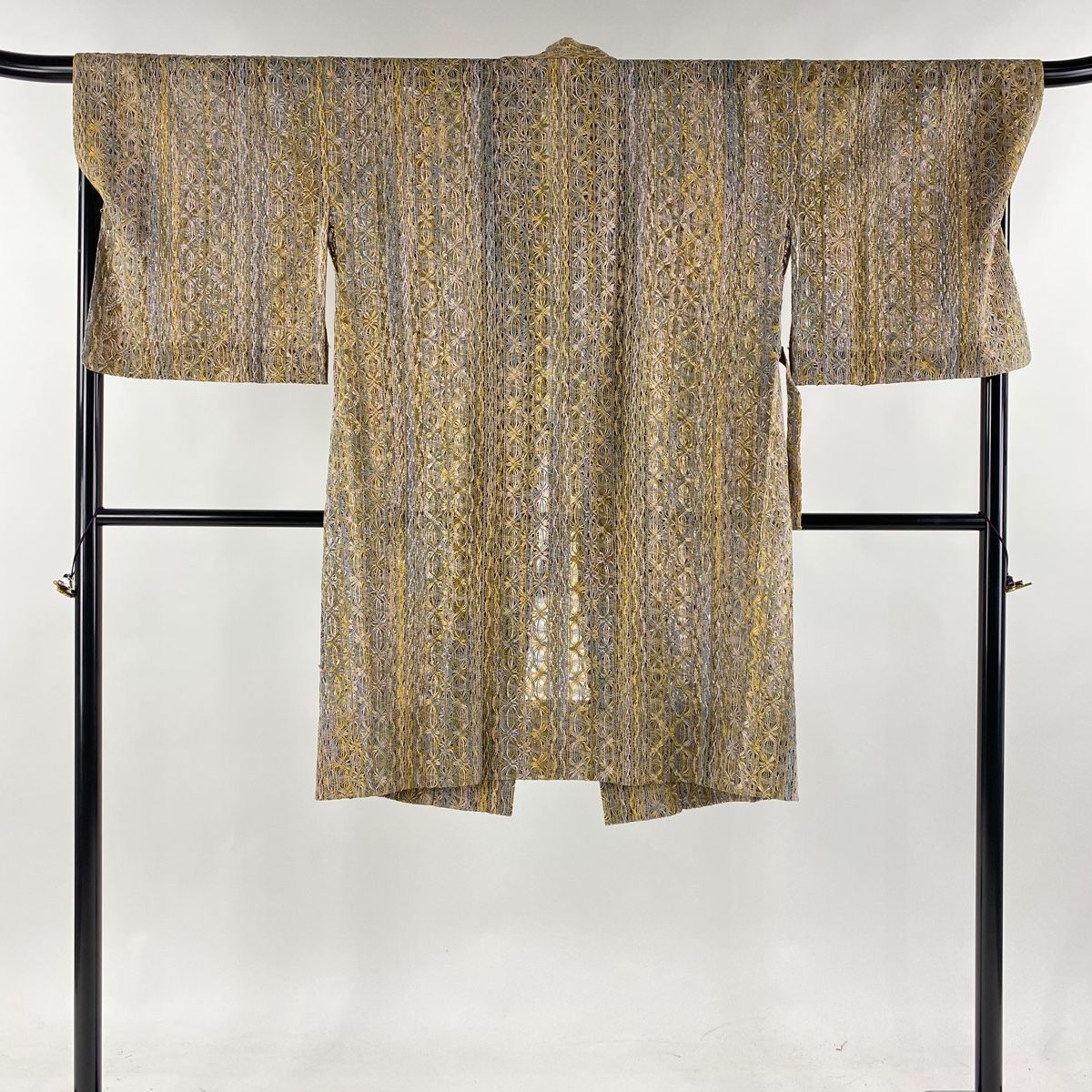 道中着 身丈106cm 裄丈71cm L 和装コート 幾何学 黄土色 正絹