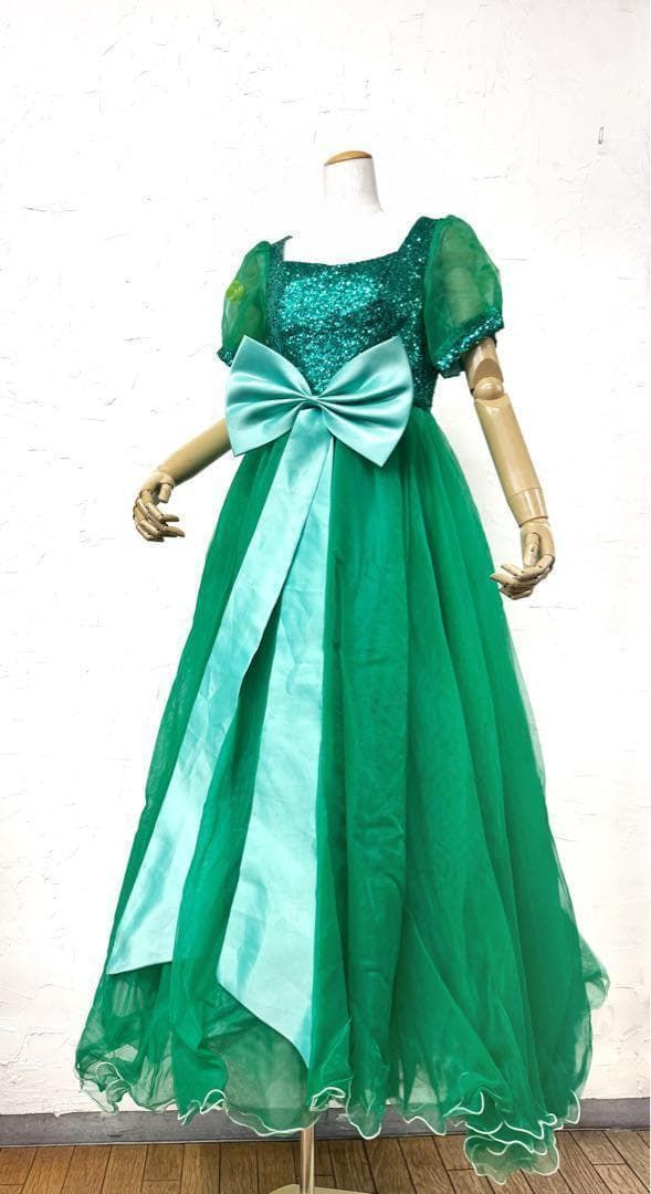 ステージ衣装グリーン スパンコール付きリボンロングドレスｂ615