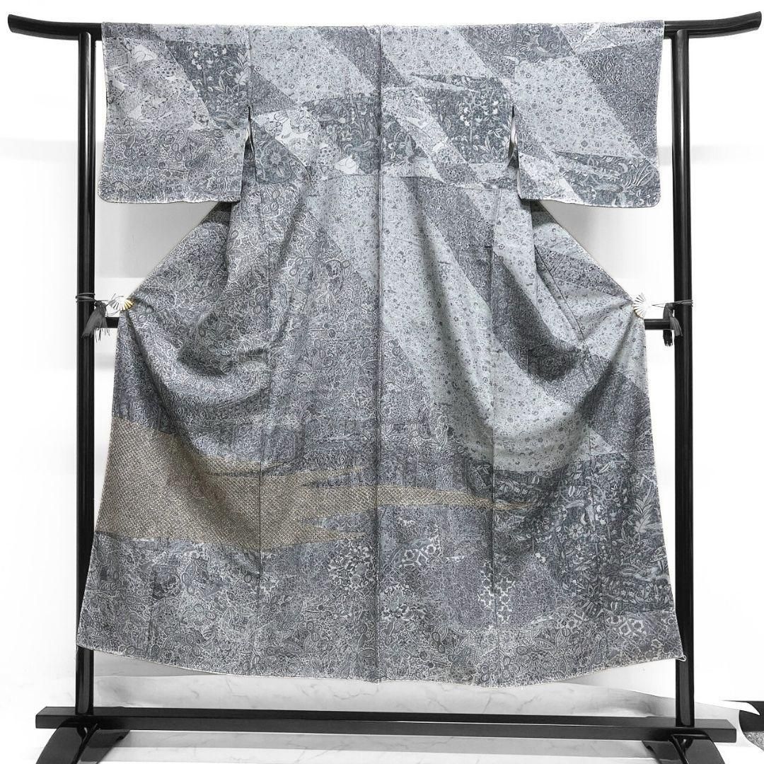 未着用 紬 スワトウ刺繍 裂取り 蝶 花模様 付け下げ 着物 021a p  