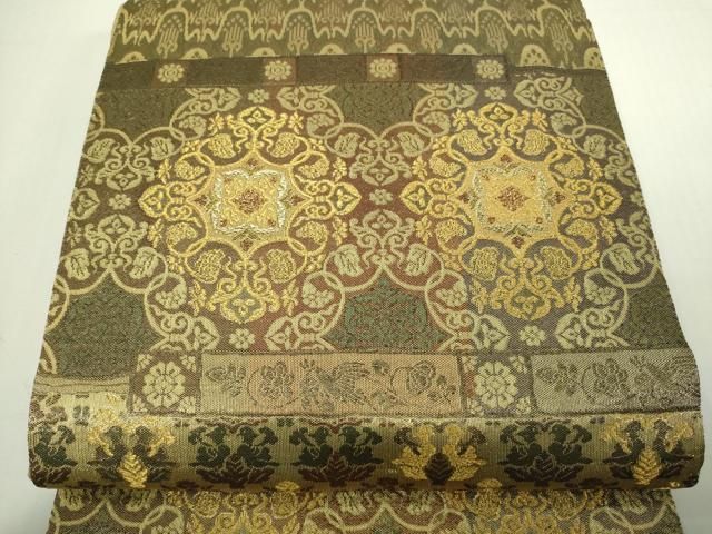 平和屋着物▽六通柄袋帯 平成麹塵 天平吉祥文様類集 金糸 正絹 逸品  