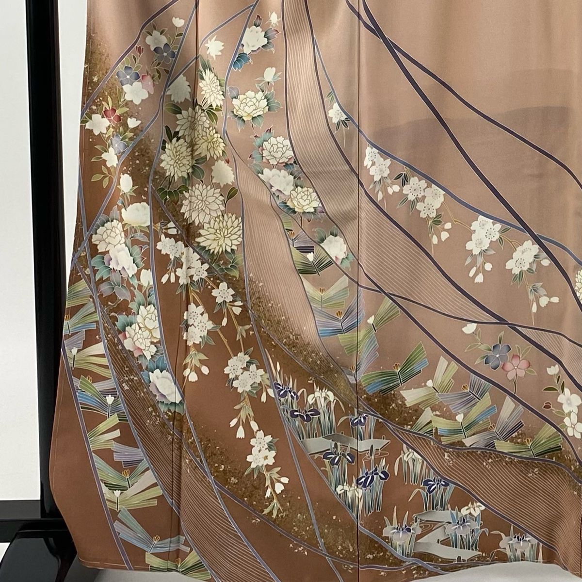 訪問着 身丈165cm 裄丈67.5cm L 袷 落款 草花 若松 金糸 金彩 ピンク 正絹 秀品