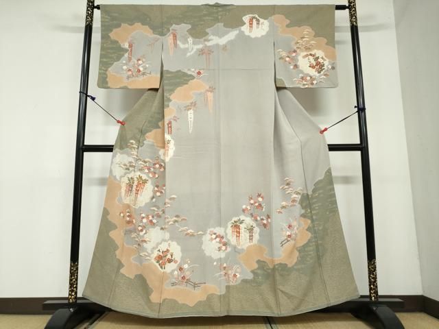 平和屋着物○男性 色紋付・羽織・行灯袴セット 鱗文様 銀通し地 