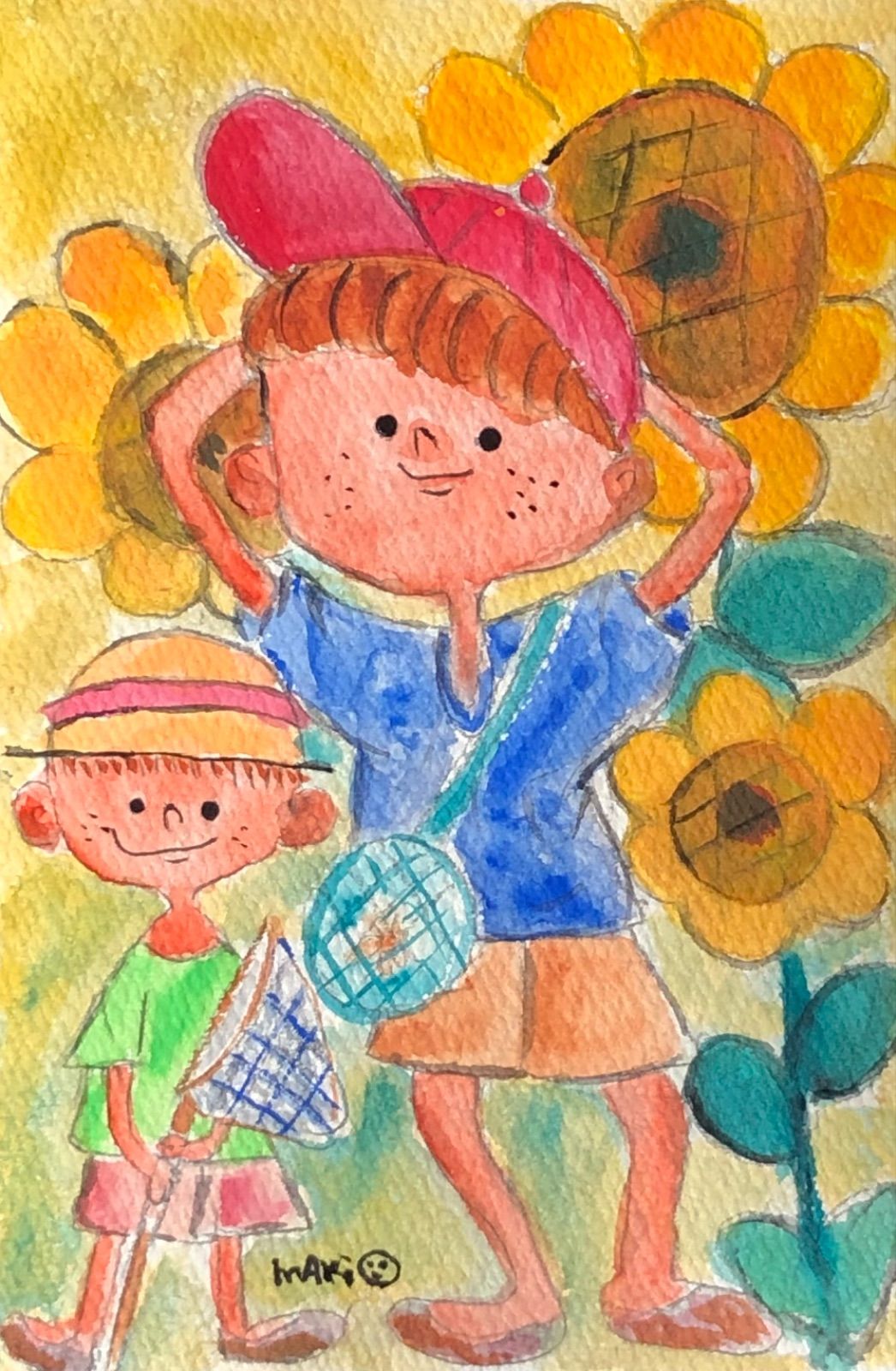 節約 夏休み 【水彩画】インテリア絵画 原画 夏休み 兄弟 ひまわり 再