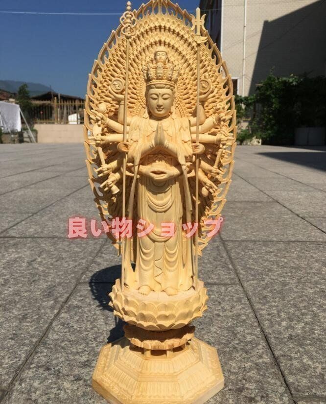 木彫 木製 千手観音 八角台座 置物 オブジェ アンティーク 美術品