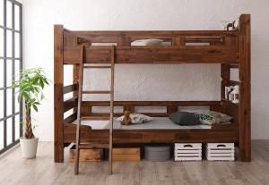 モダンデザイン・棚・コンセント付きアカシア材二段ベッド Redondo レドンド 薄型軽量ポケットコイルマットレス付き シングル【代引不可】