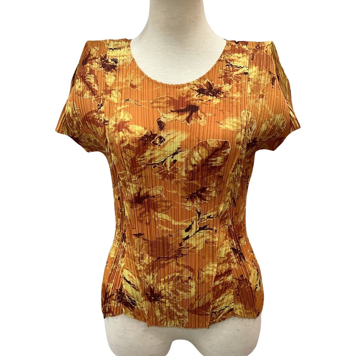 ♪♪ISSEY MIYAKE イッセイミヤケ PLEATS PLEASE 半袖カットソー 変形 花柄 SIZE 3 PP51-JK581 オレンジ