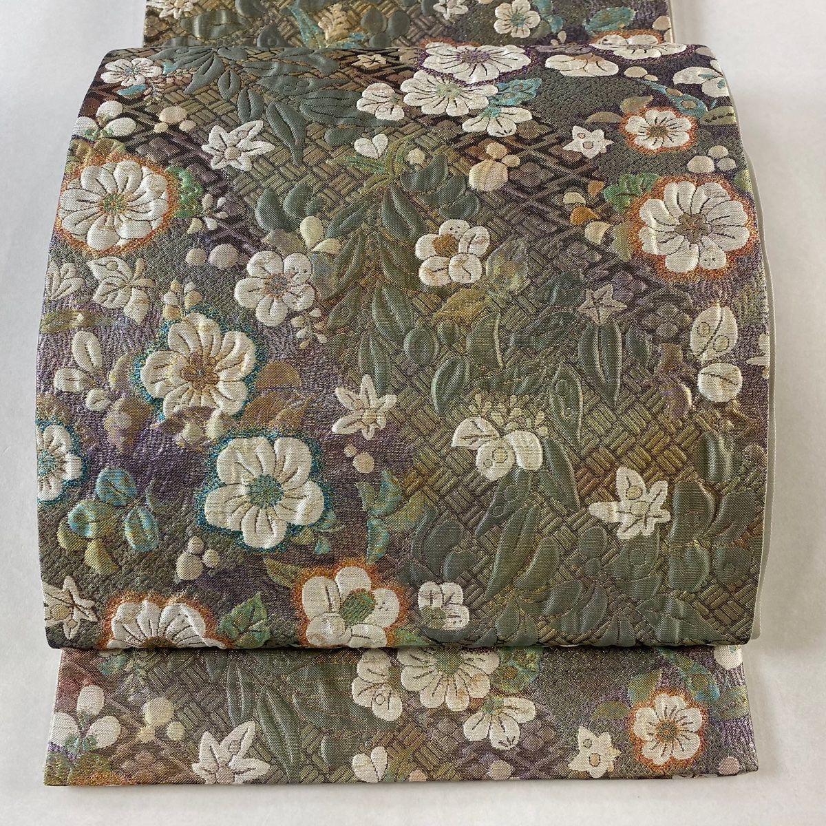 袋帯 秀品 辻ヶ花柄 松皮菱 金銀糸 箔 灰緑 六通 正絹