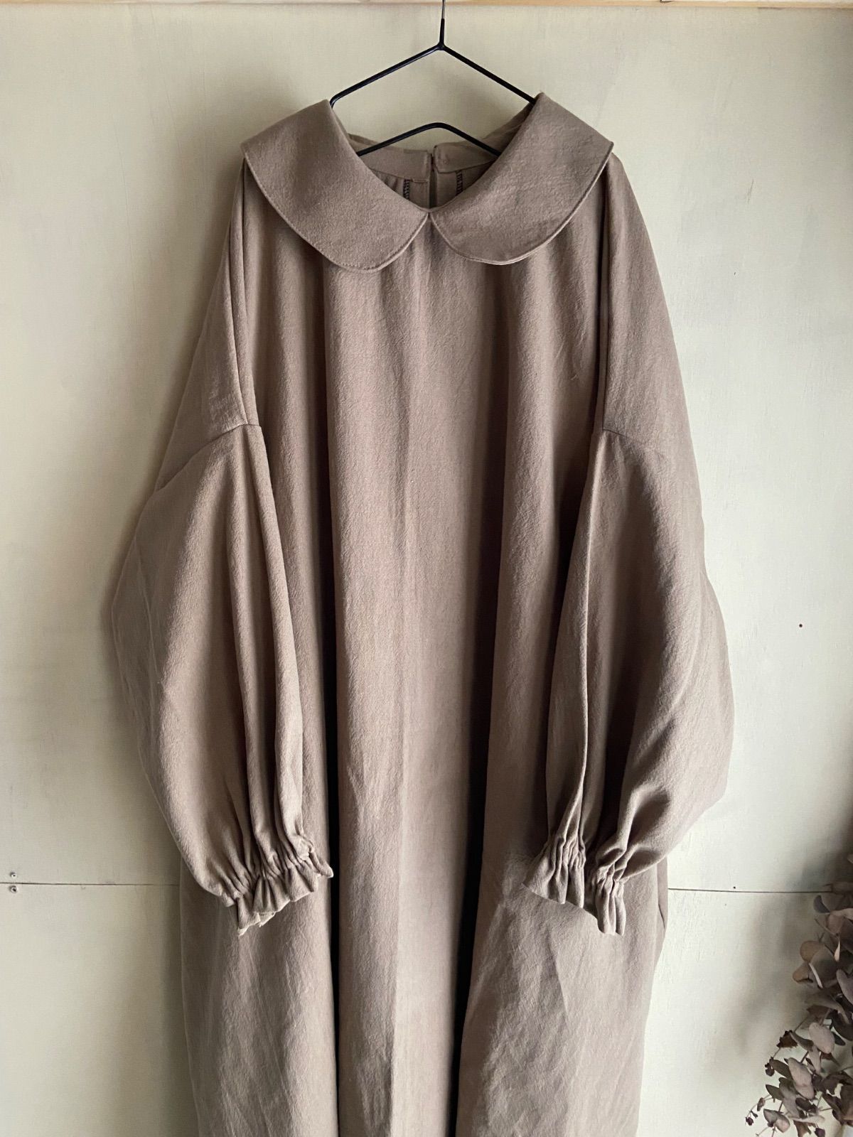 コットンリネン 綿麻 丸襟 Aラインワンピース ブラウン aラインワンピース