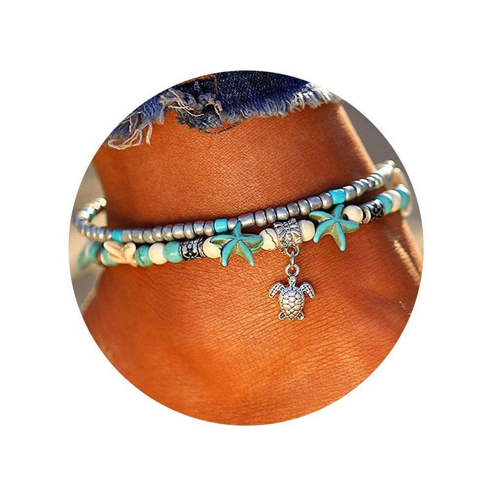 ウミガメ Lucbuyボヘミアン足首 足首のブレスレット 青と白の多層グラマービーチ砂手作りアンクレット足女性らしい女の子の贈り物 デート パーティー 卒業 ショッピング ビーチに適して