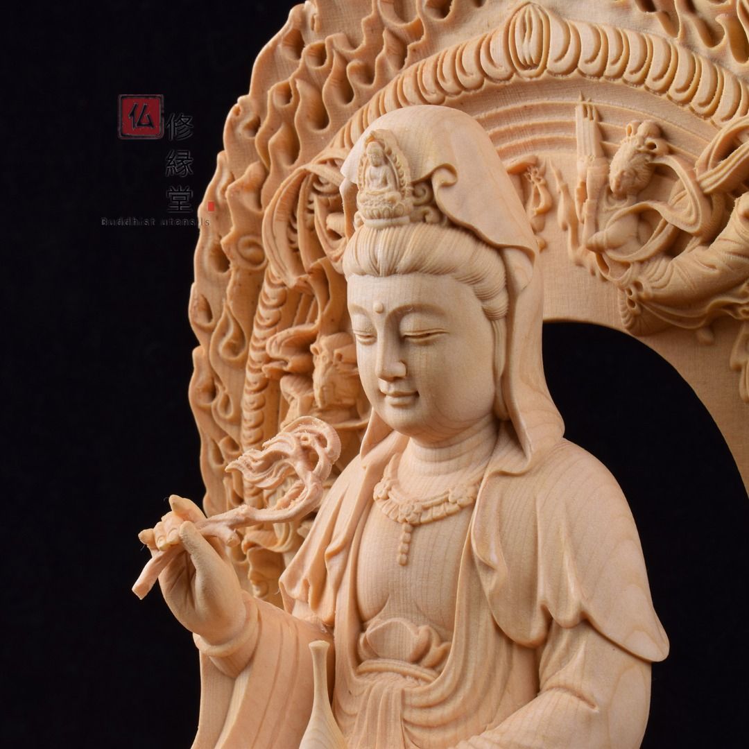 修縁堂】木彫り 仏像 観音菩薩座像 彫刻 一刀彫 天然木檜材 仏師
