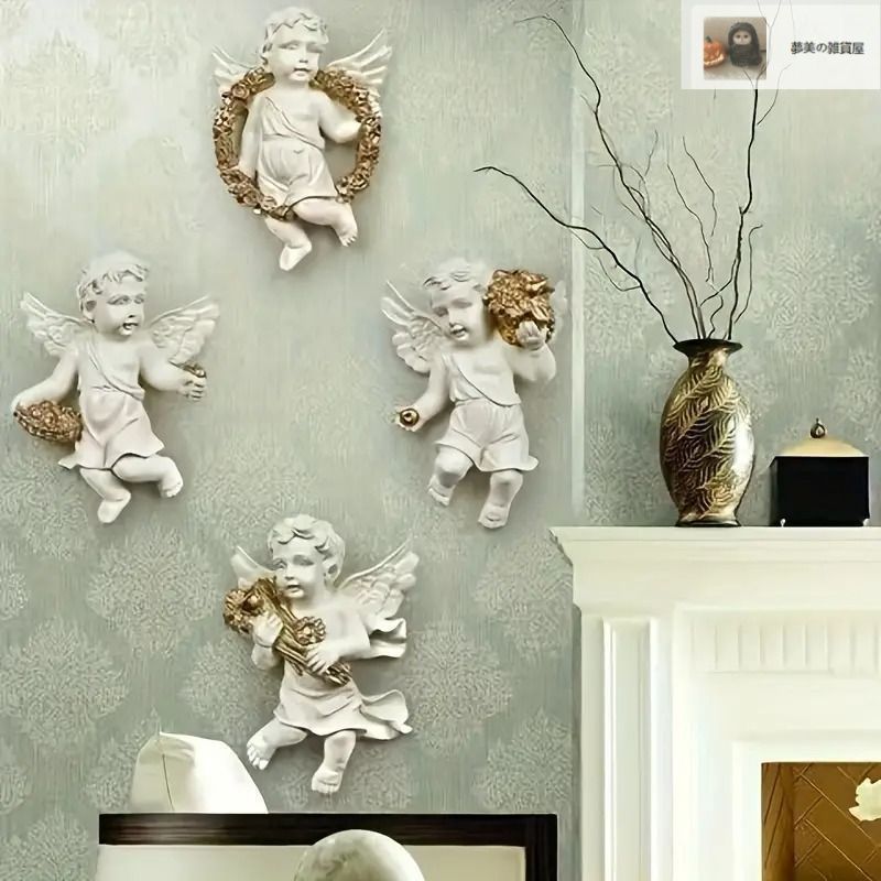 ウォールデコレーション 壁掛けオブジェ 壁掛け インテリア 天使 ホワイト ゴールド 4個セット ヴィンテージ調 アンティーク調 エレガント 樹脂製 リビング 廊下 インテリア クリスマス5-34