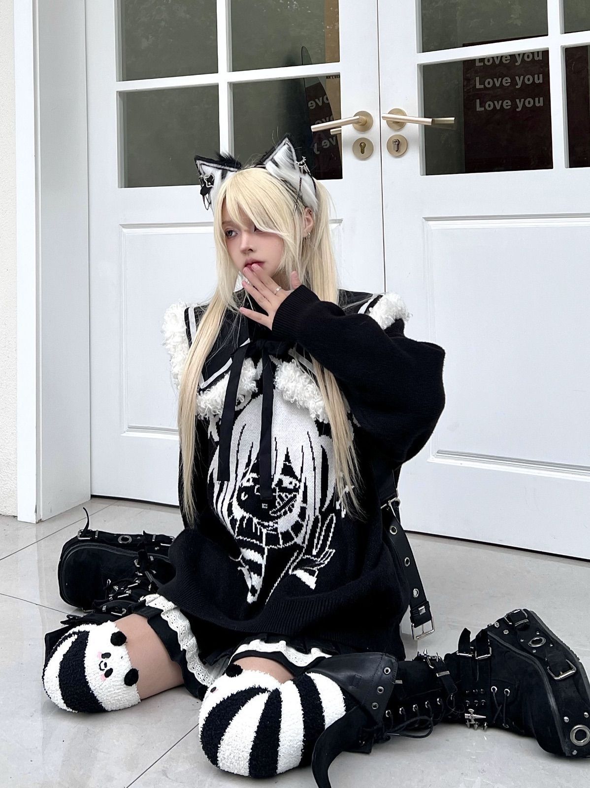苦笑ピース 病みかわ 二次元 アニメ セーター ニット オーバーサイズ サブカル 服 病み ストリート系 黒ゴス ゴシック シャツ