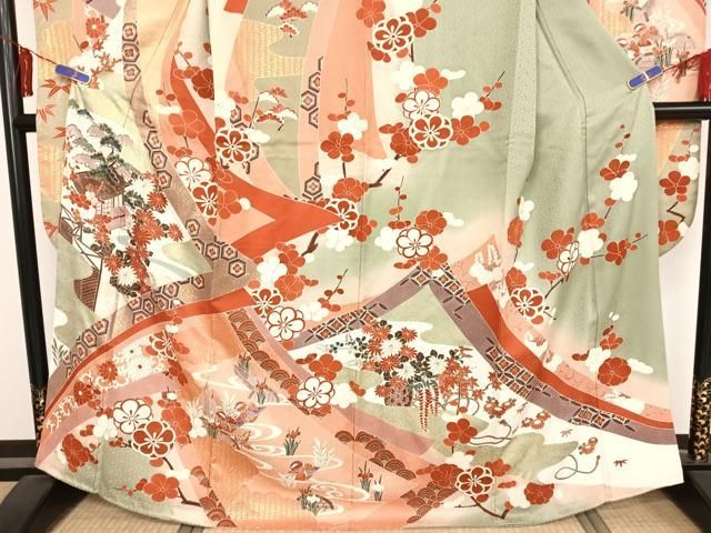 平和屋着物●豪華振袖　風景草花文　暈し染め　金彩　正絹　逸品　AAAX0006np 平和屋着物○豪華振袖 風景草花文 暈し染め 金彩 正絹 逸品 AAAX0006np