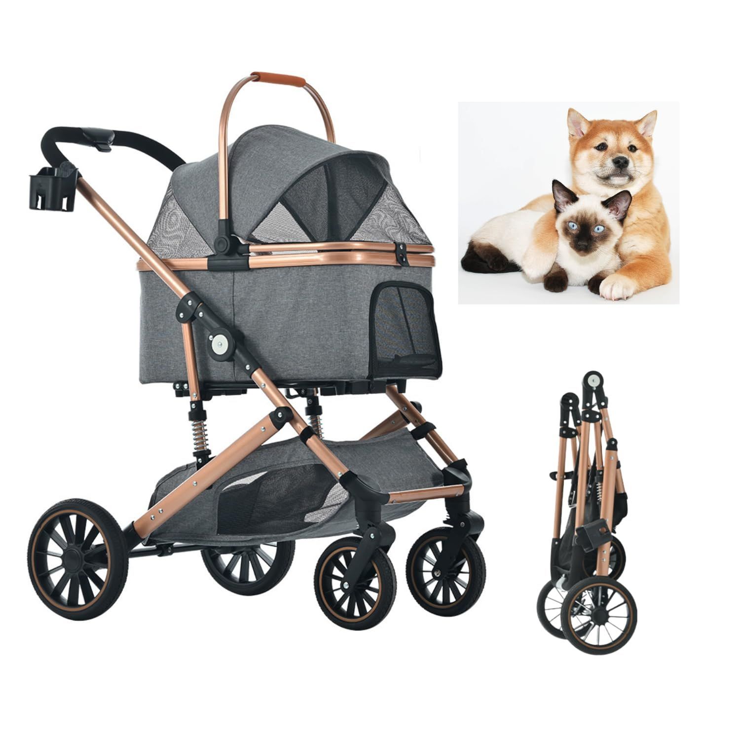 新品】2way 多頭用 4輪 ペットカート グレー ペットバギー