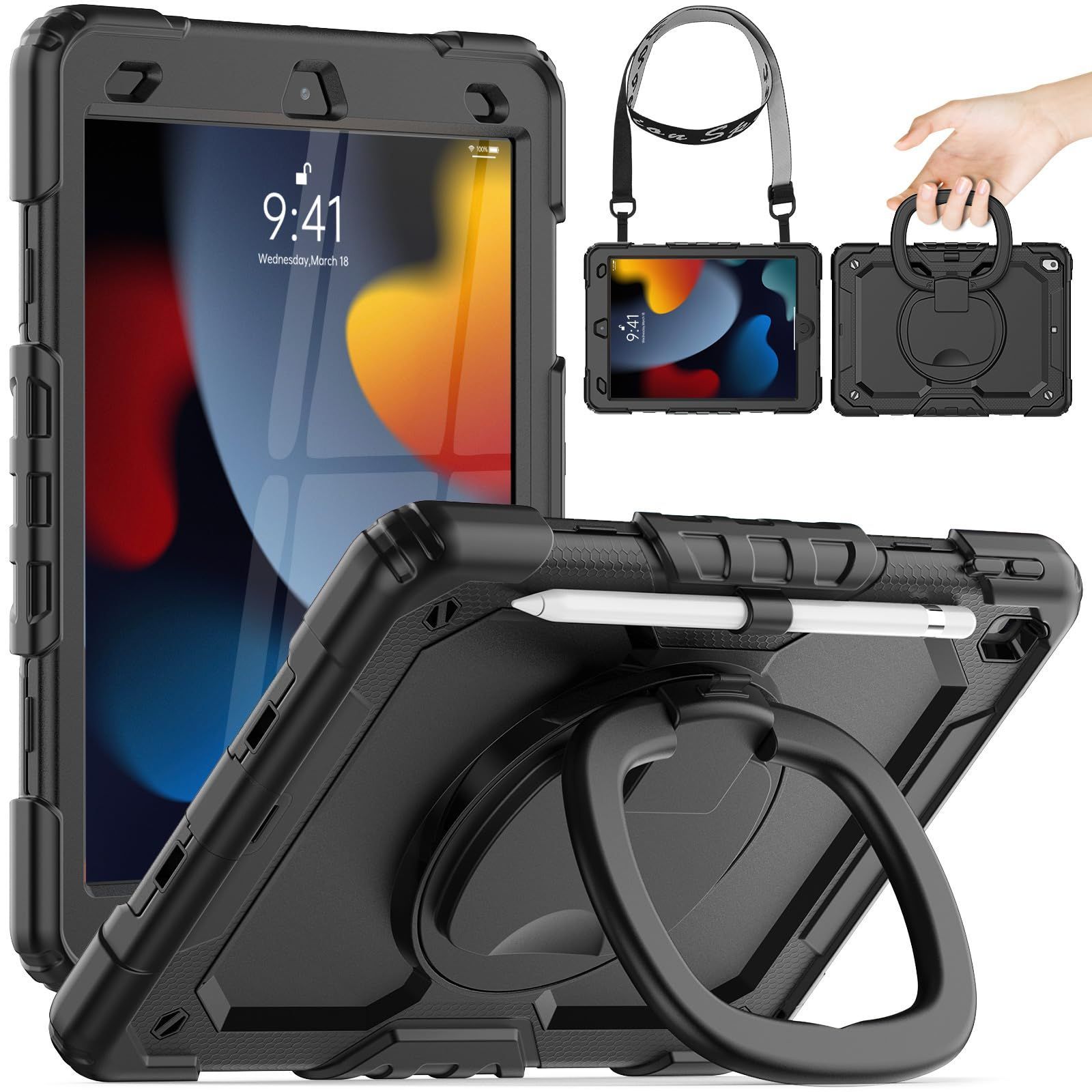 【数量限定】第9/ 8/ 7世代 iPad ケース 耐衝撃 リングハンドル 保護フィルム 360回転スタンド ショルダーストラップ ペン収納付き 頑丈 子ども 傷防止 Timecity 仕事用 現場 工事 多機能 iPad 10.2イ
