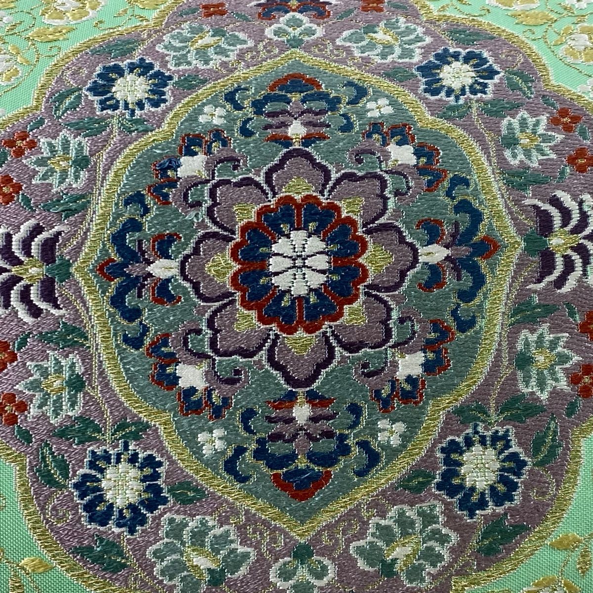 袋帯 美品 秀品 落款 華文 花唐草 金糸 箔 薄緑 六通 正絹