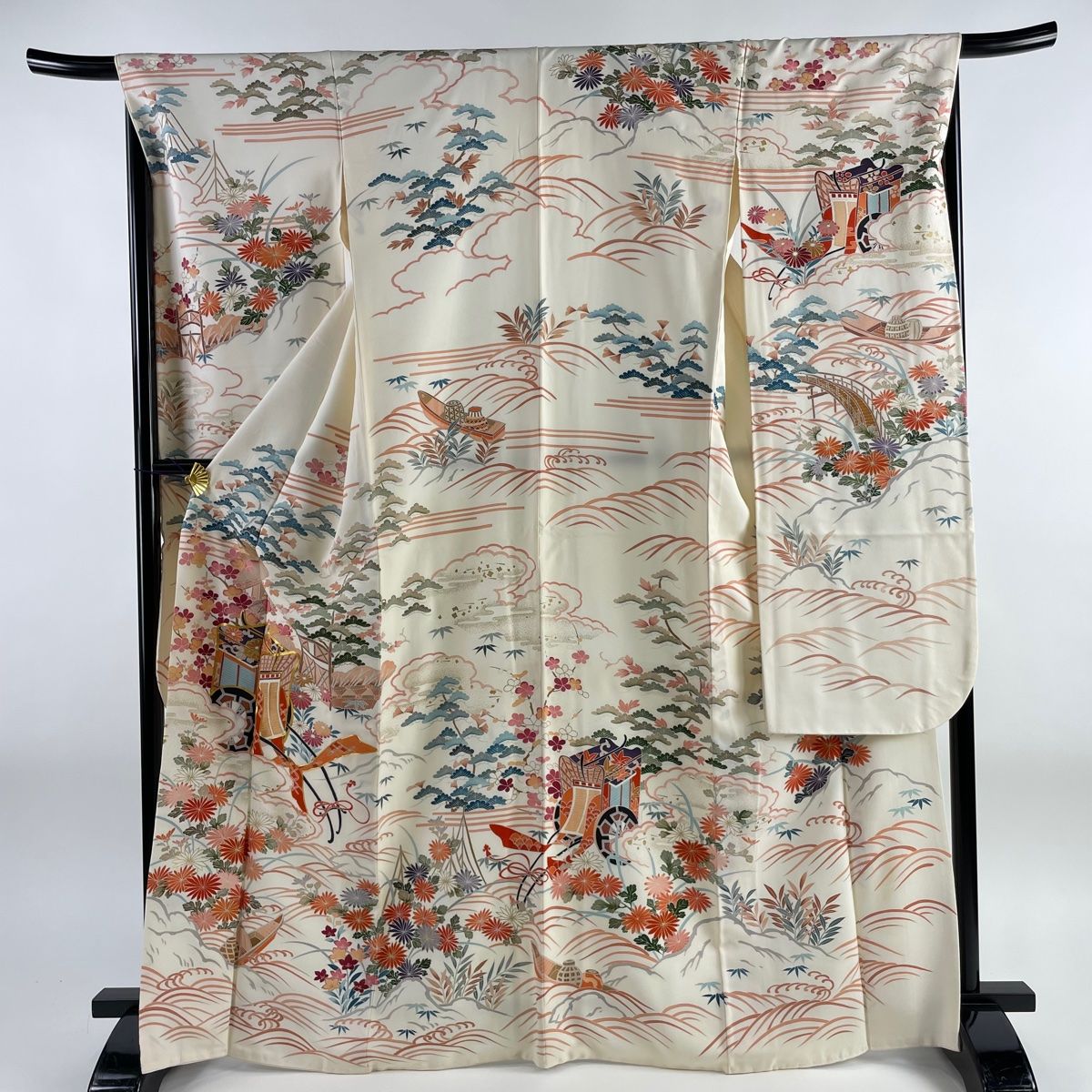 振袖 身丈168cm 裄丈67cm M 袷 御所車 松竹梅 金糸 金彩 クリーム 正絹  