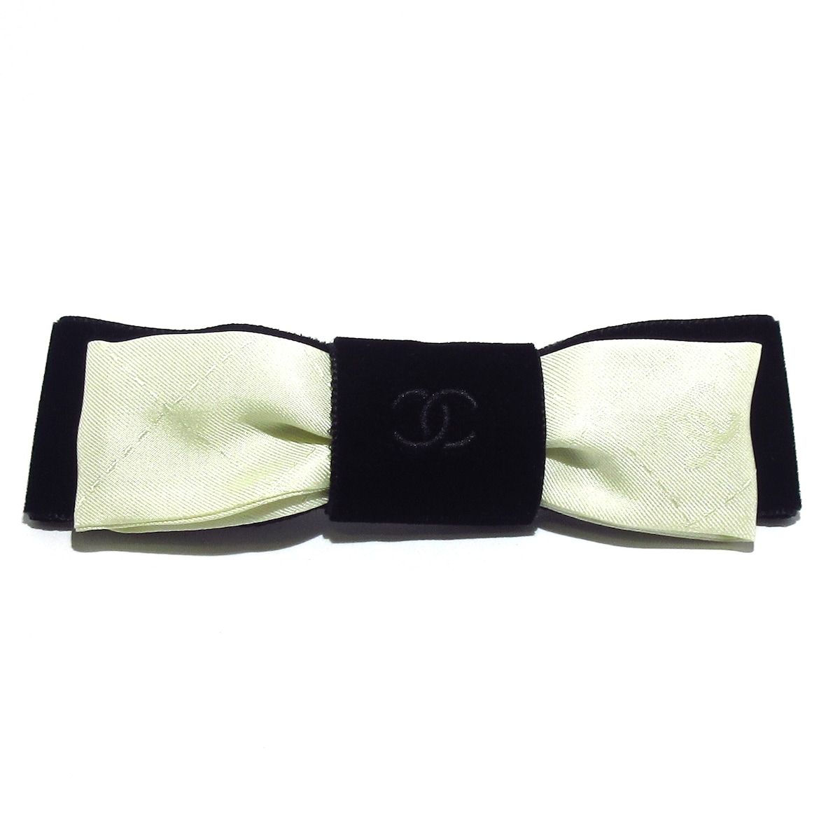 CHANEL シャネル バレッタ ココマーク シルク 黒×アイボリー×シルバー シルバー金具|リボン