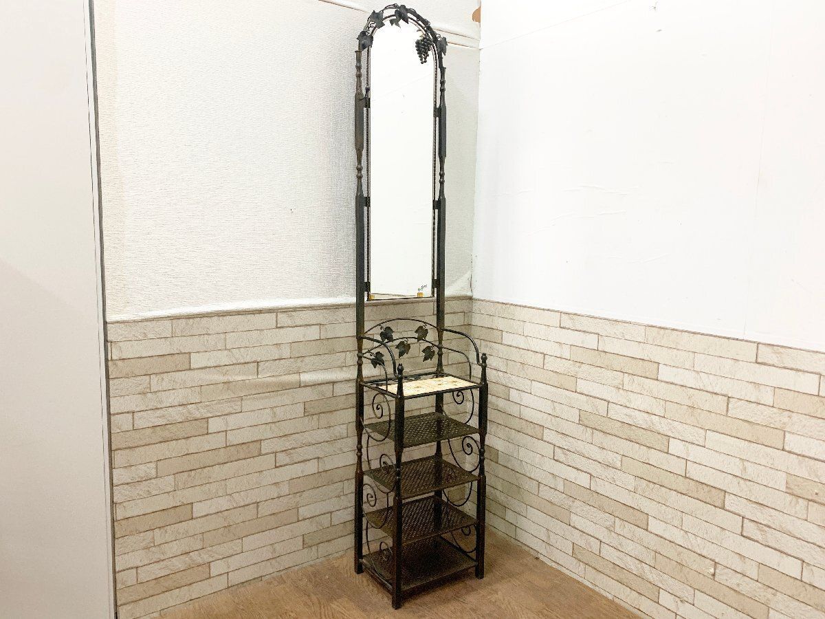 ヴィンテージ調 スタンドミラー アイアン 鏡 姿見 葡萄 アンティーク アイアン スタンドミラー 葡萄 ラック 収納 シューズ