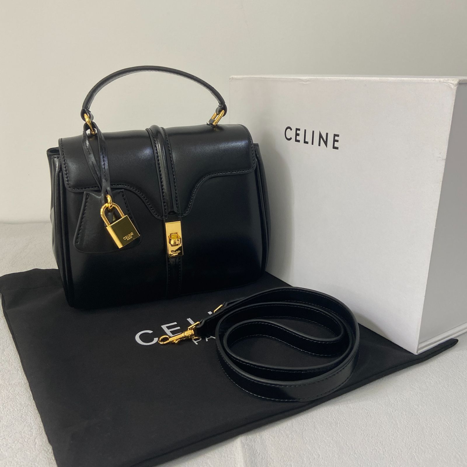 CELINE 2WAY BAG 16サテンドカーフスキン ブラック ショルダ-バッグハンドバッグ