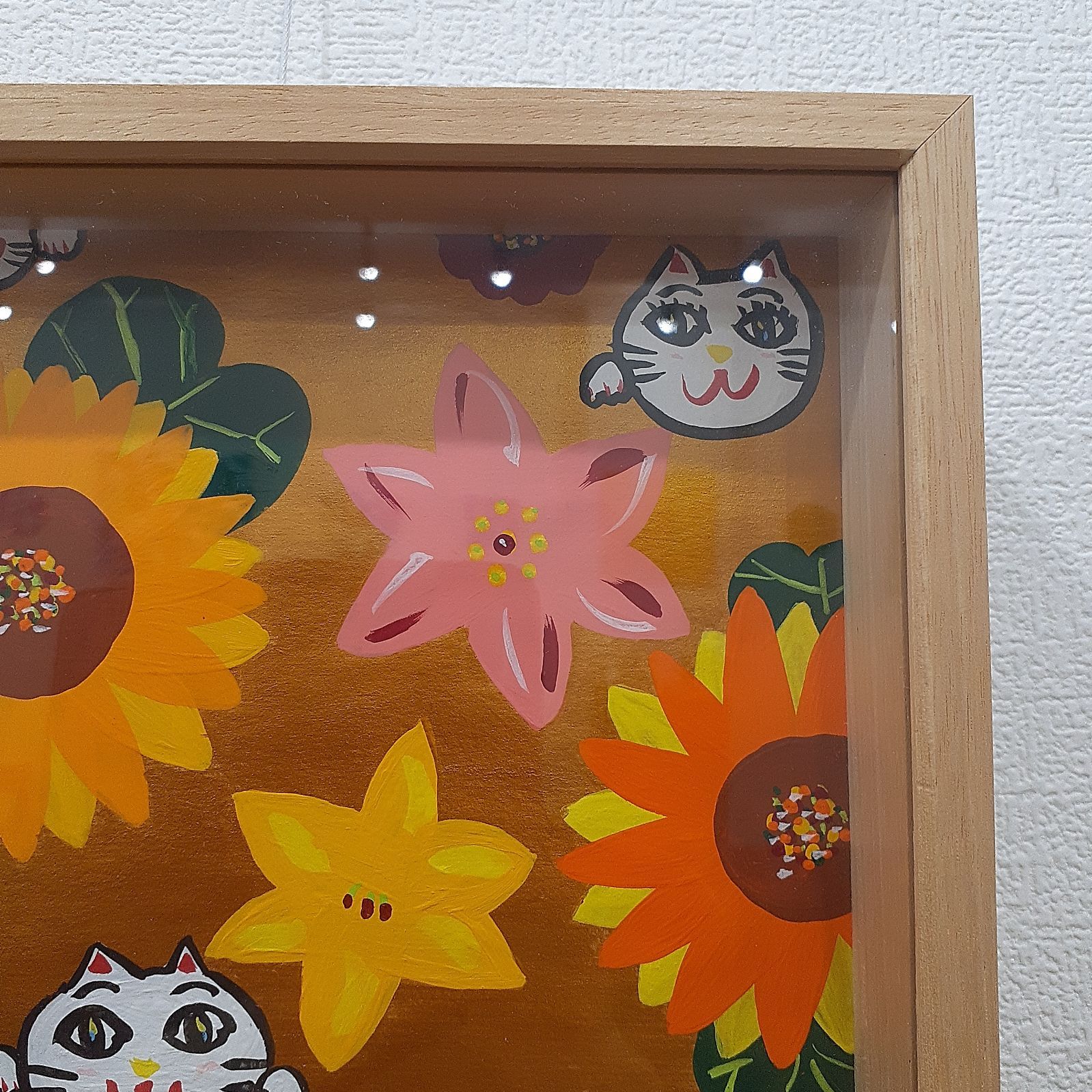 花と招き猫の作品画家小楠アキコサイズ19×24cm額付き 花と招き猫の作品画家小楠アキコサイズ19×24cm額付き