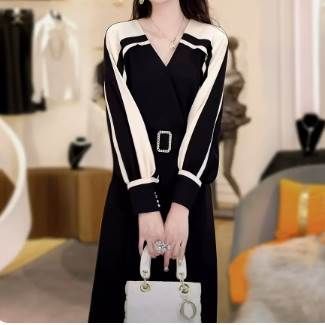 ベルト付き カシュクール ロング ワンピース フレアワンピース 膝下