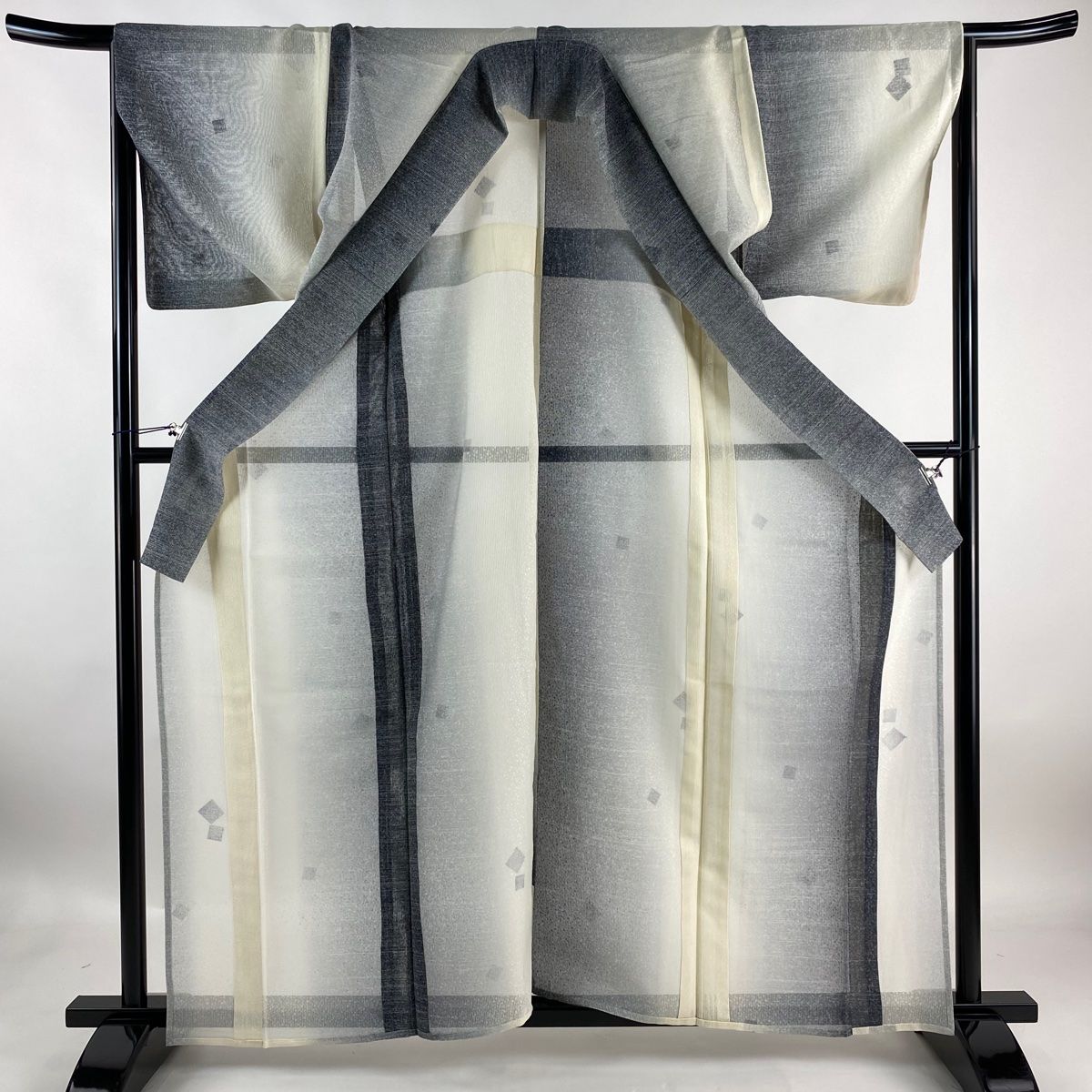 小紋 身丈162.5cm 裄丈65.5cm M 薄物 縦絽 幾何学模様 ぼかし クリーム  