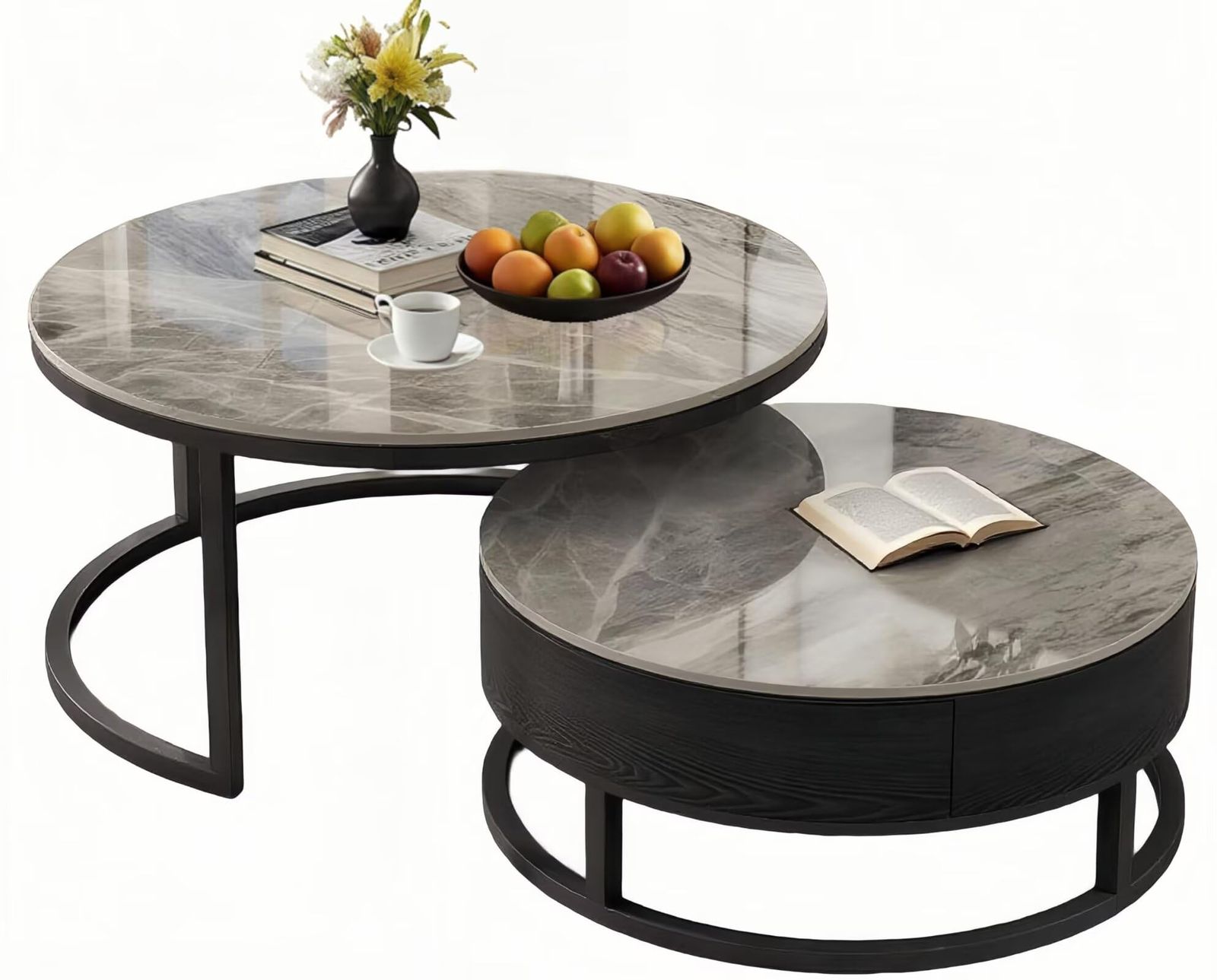 大理石柄 ロックボード 幅50cm 幅70cm コーヒーテーブル ネストテーブル 自由に組み合わせ 引き出し付き センターテーブル ローテーブル ソファーテーブル 丸型 光沢感 金属フレーム TUIYIDUO 高い安定性 2個セット 完成品 グレー 7
