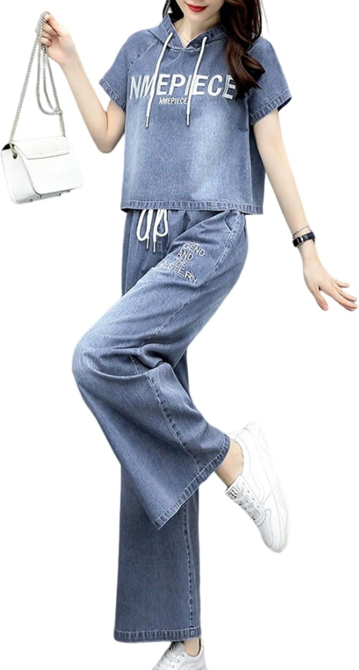 MARIA MARFA ロゴ デニム セットアップ レディース パーカー パンツ 上下 2点セット カジュアル おしゃれ ダンス ポケット付き 夏用 夏物 アウトドア ユッタリ プルオーバー 4S4S-M21-WH2XL(ホワイト