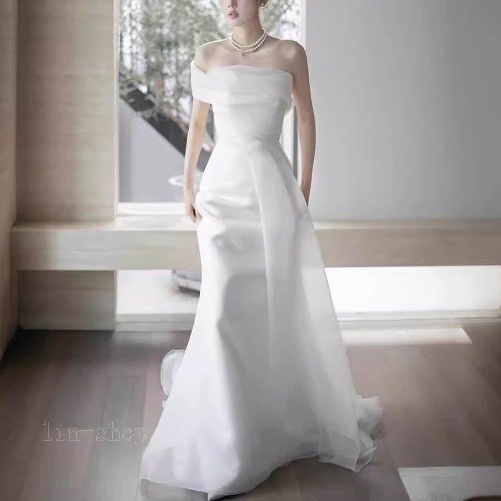 ウエディングドレス ブライダルドレス ベアトップ ワンショルダー