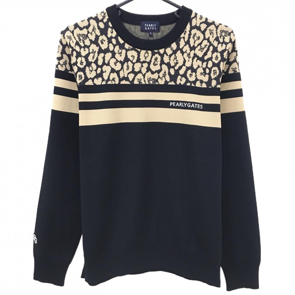 パーリーゲイツ セーター 黒×ベージュ 一部レオパード風 胸ライン ニット メンズ 5 L ゴルフウェア PEARLY GATES