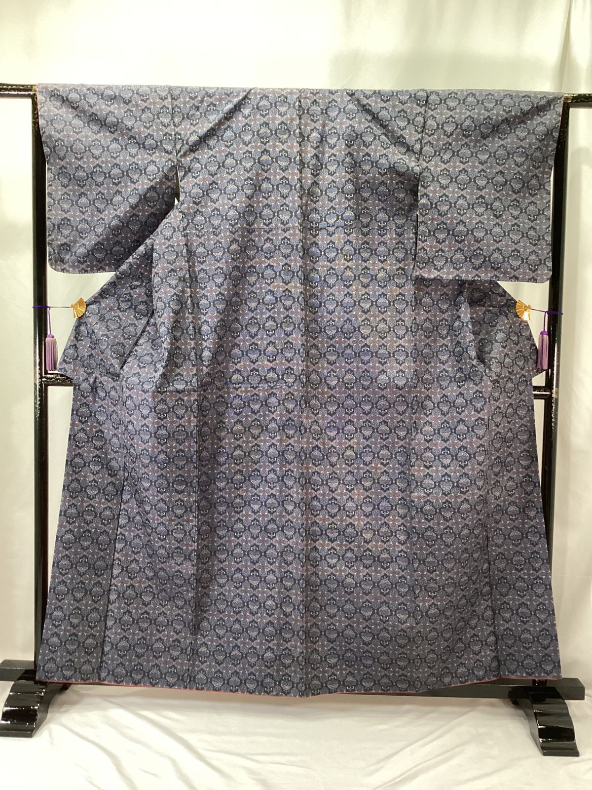 大島紬アンサンブル|着物＋道行コート| |正絹|紫×黒|仕立上がり|適応身長147～154㎝|11815