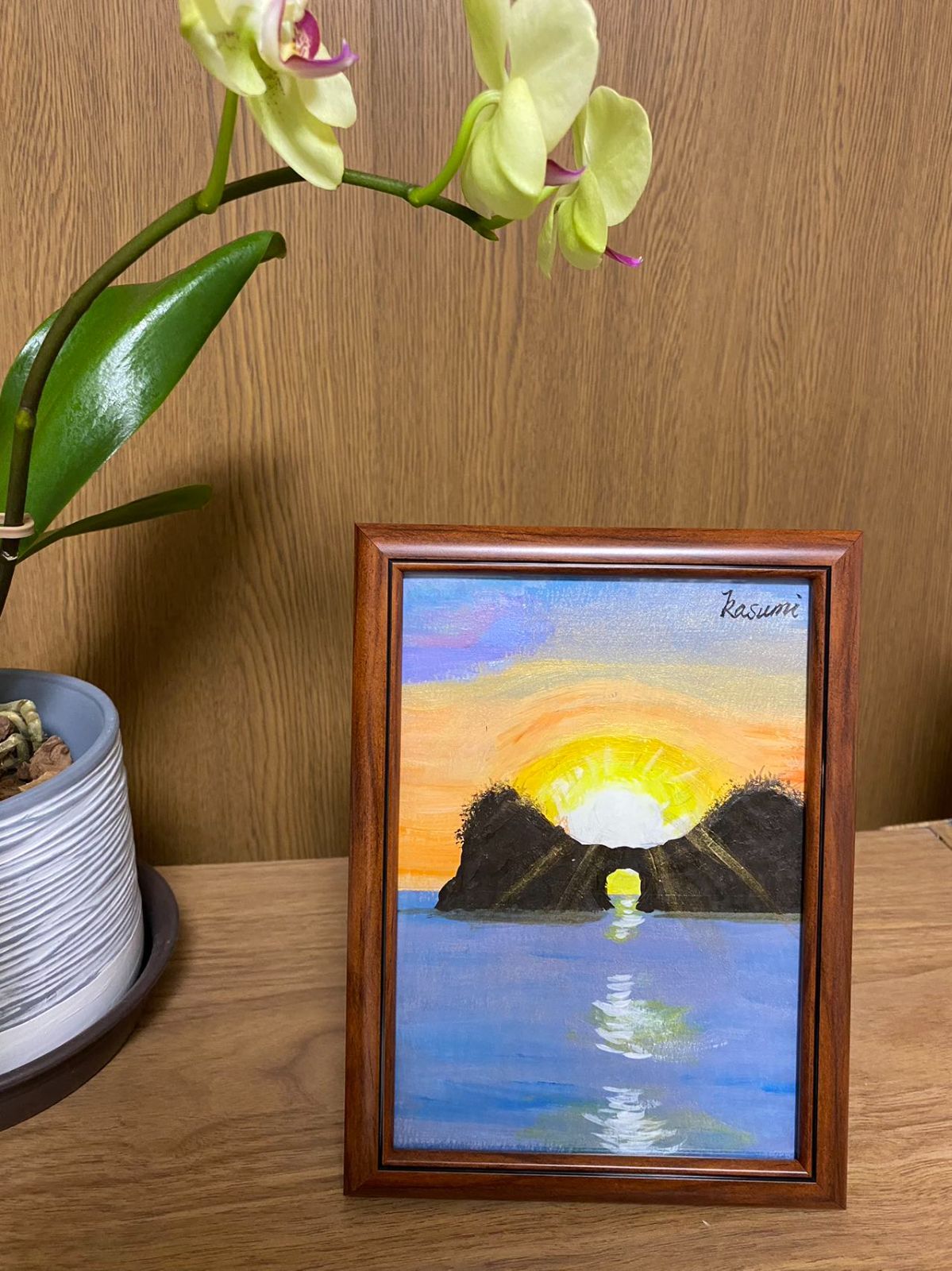 绘画「池に咲く蓮の花」アクリル絵/新品額縁