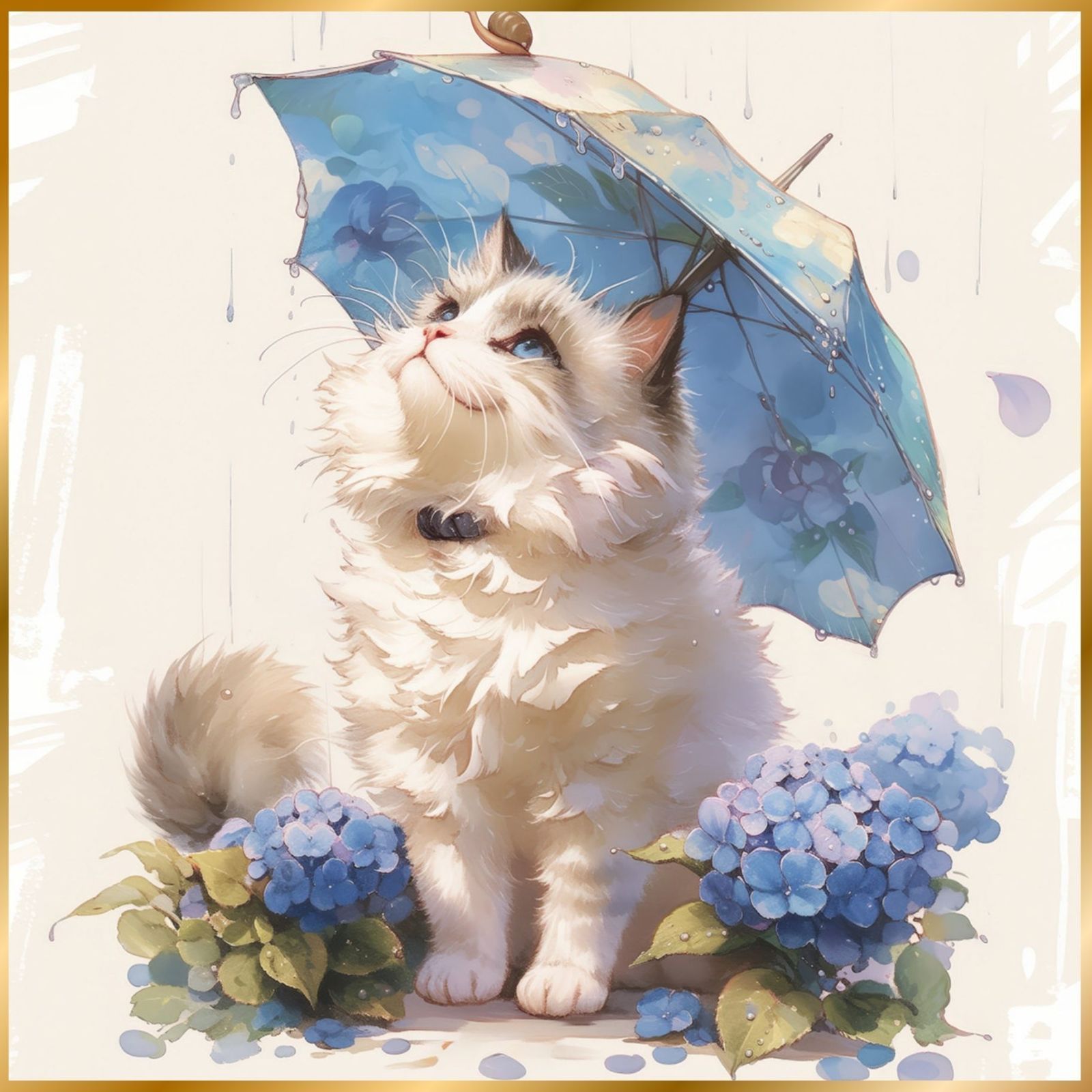 雨猫戯舞 - サイベリアン メインクーン ノルウェージャンフォレストキャット 猫 子猫 猫の絵 猫のイラスト 梅雨 季節 時期 紫陽花 カタツムリ うちの子記念日 ペットロス アートポスター