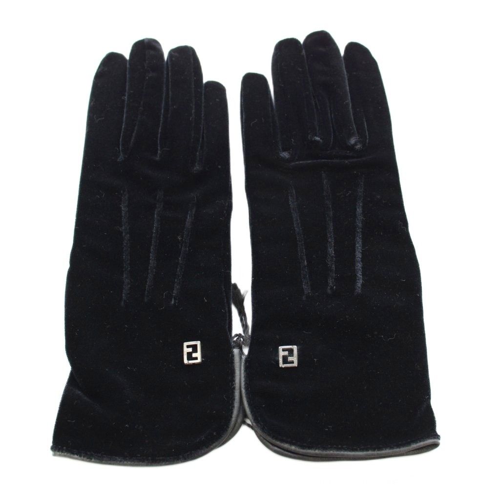 フェンディ FENDI 手袋 グローブ ベロア ロゴ 黒 ブラック KU OH