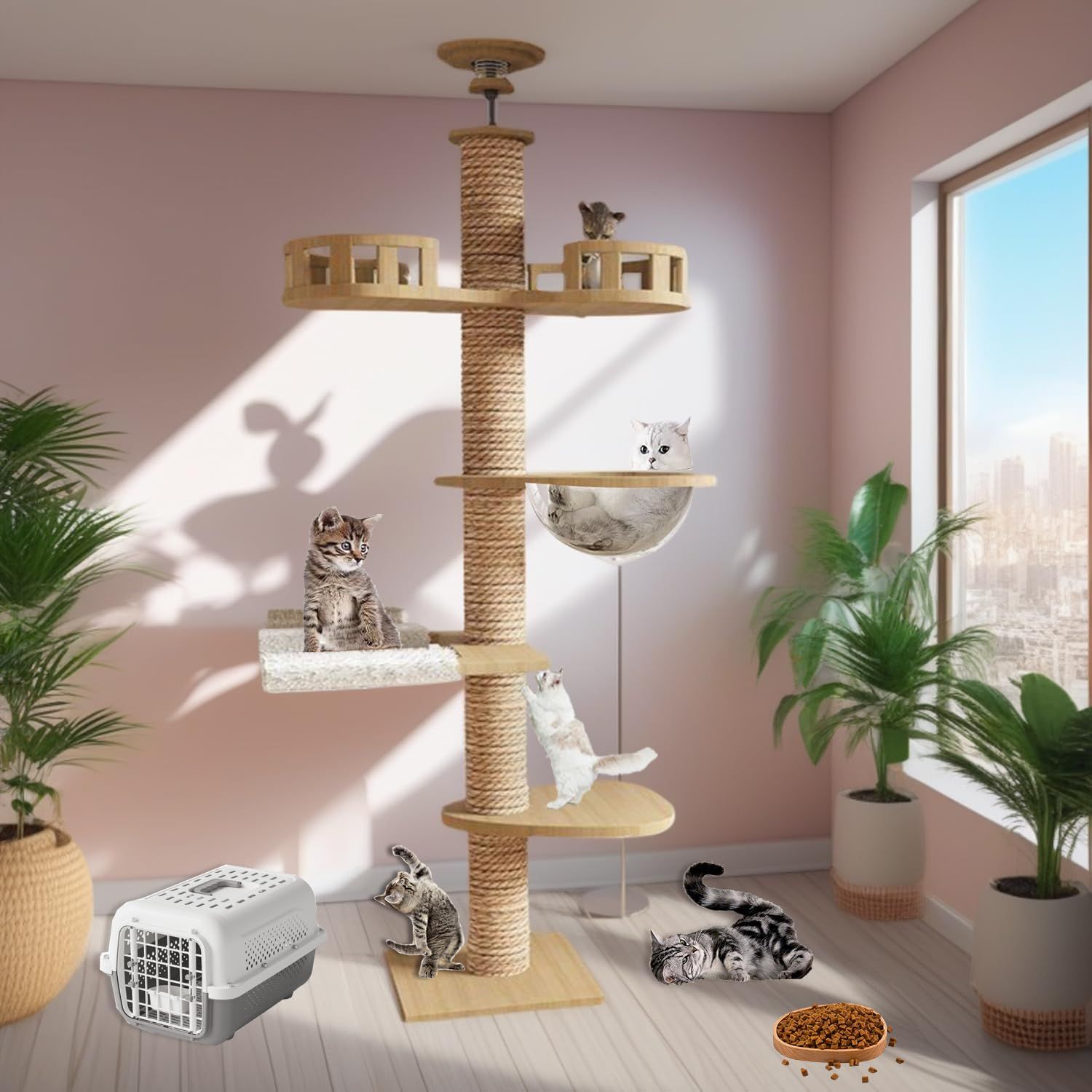 Mekidulu キャットタワー 突っ張り 木製 大型猫 コットン紐 スリム 木登り 多頭飼い キャットツリー シニア 据え置き 11cm太い支柱 猫タワー 中型 猫キャットタワー おしゃれ コンパクト 省スベース 木製 宇宙船 隠れ家 爪とぎ 安定 高