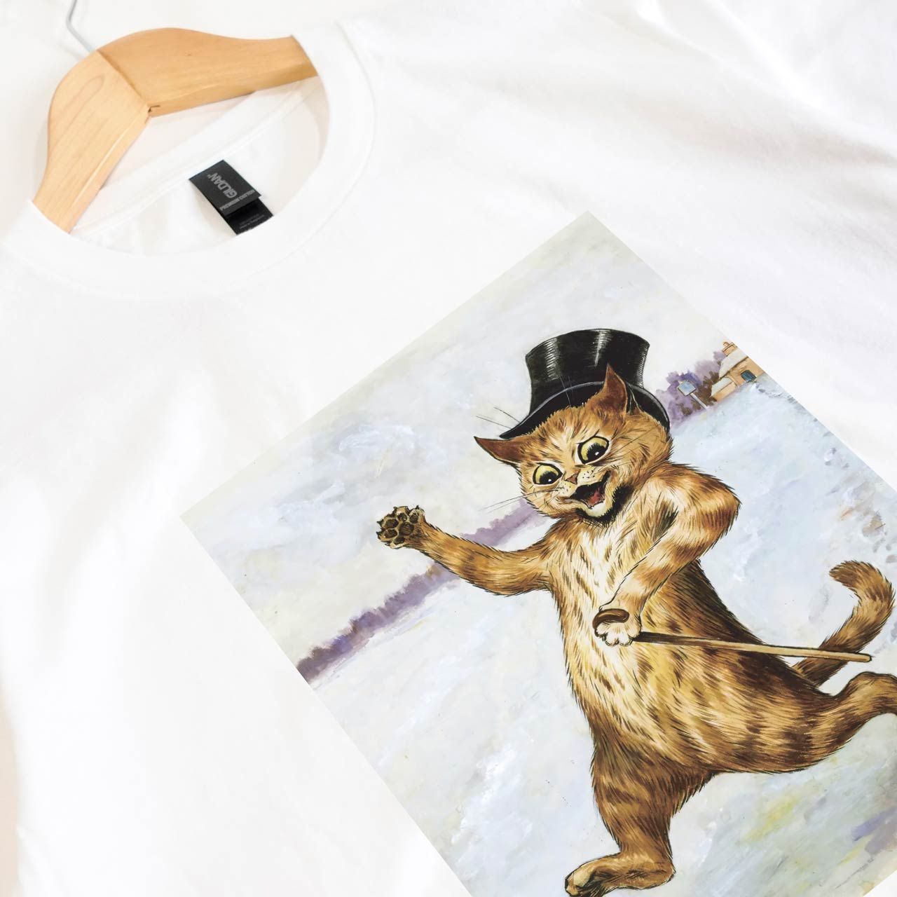シルクハット ネコ 猫 ルイス・ウェイン 半袖 Tシャツ ホワイト GILDAN 
