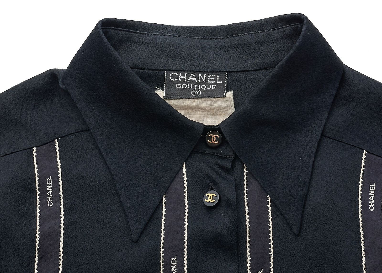 シャネル黒 リボン付き長袖シャツ 返品可】CHANEL シャネル ロゴ リボン ココボタン ブラウス