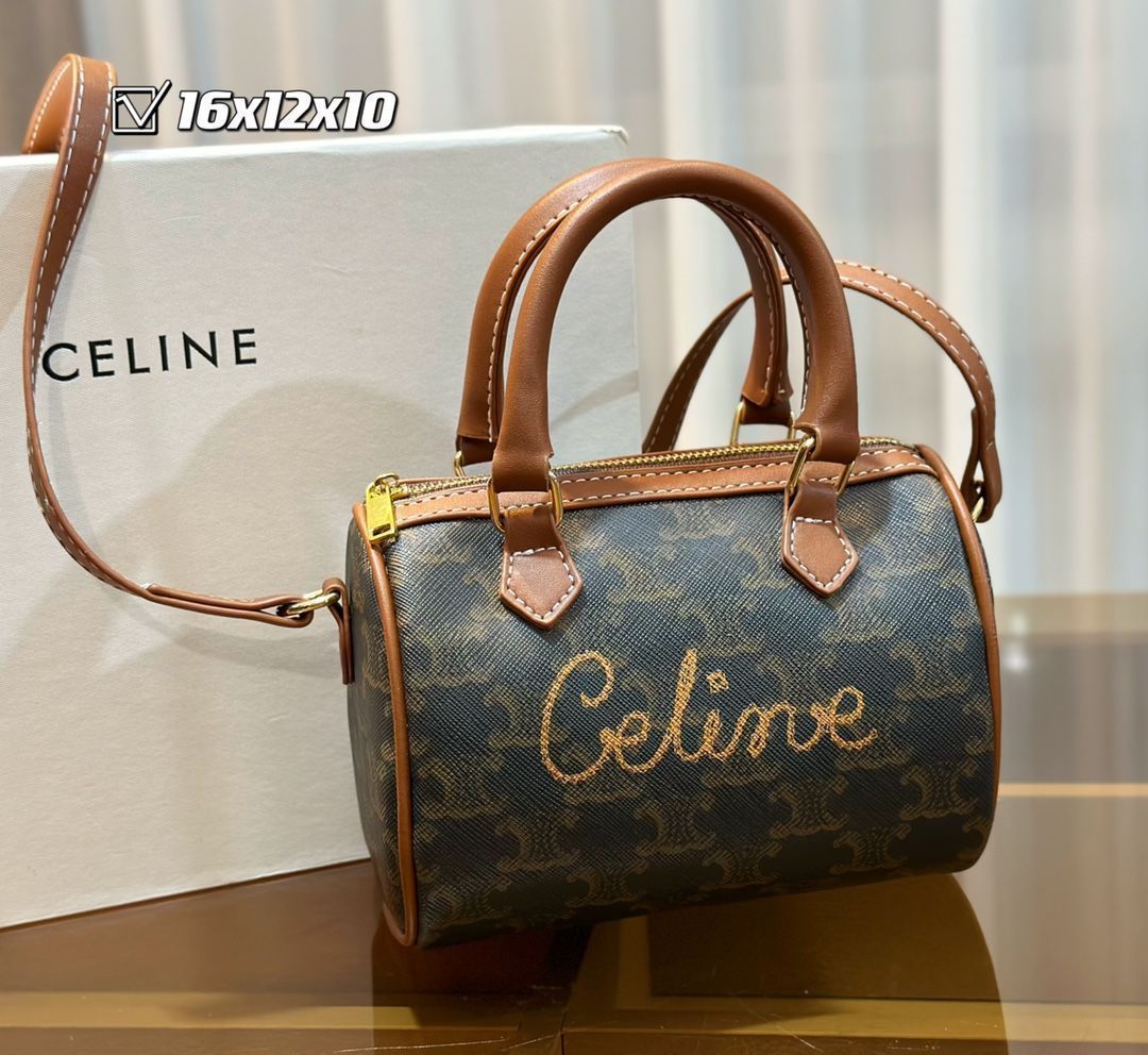 セリーヌCELINE茶系レザーロゴボタンハンドバッグトートバッグ