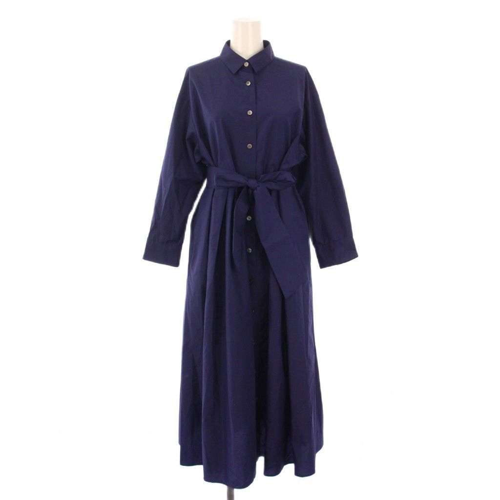 レリアン Leilian シャツワンピース フ ミモレ ロング 長袖 レギュラー 無地 ペチコート付き ベルト 9 紺 ネイビー BB