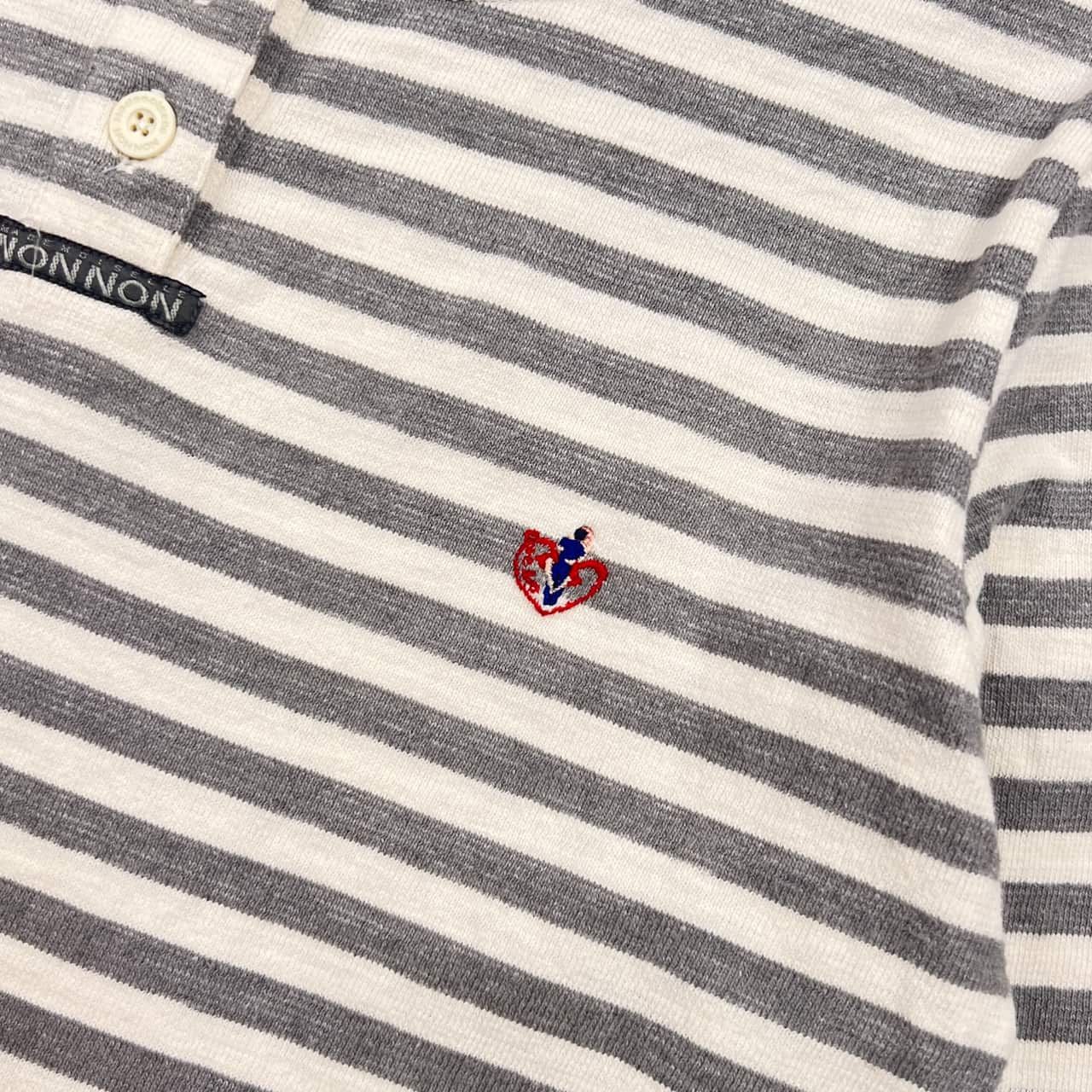 Mademoiselle NON NON マドモアゼルノンノン ボーダー ヘンリーネック 七分袖 Tシャツ カットソー  M/グレー×ホワイト レディース Mademoiselle NON NON マドモアゼルノンノン ボーダー ヘンリーネック