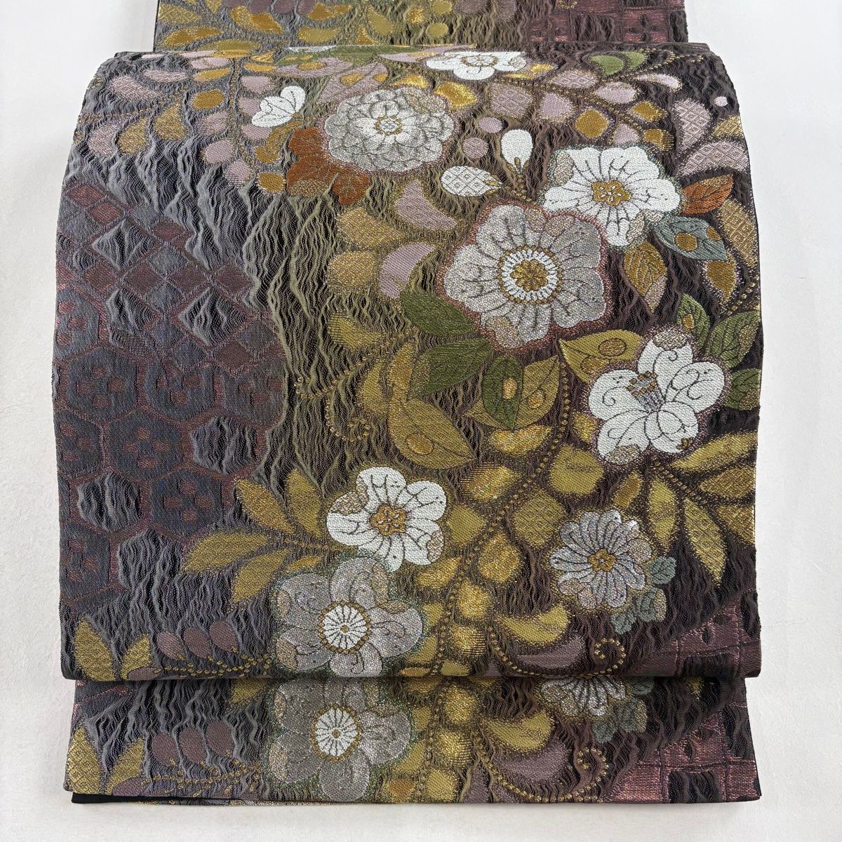 袋帯 美品 秀品 やまと 辻が花柄 菱 金銀糸 箔 茶紫 六通 正絹