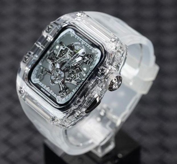 45mm用 クリア-シルバー アップルウォッチバンド ラバーベルト カバー Apple Watch クリア ケース 4 5 6 7 8 9 se スポーツ メンズ レディース
